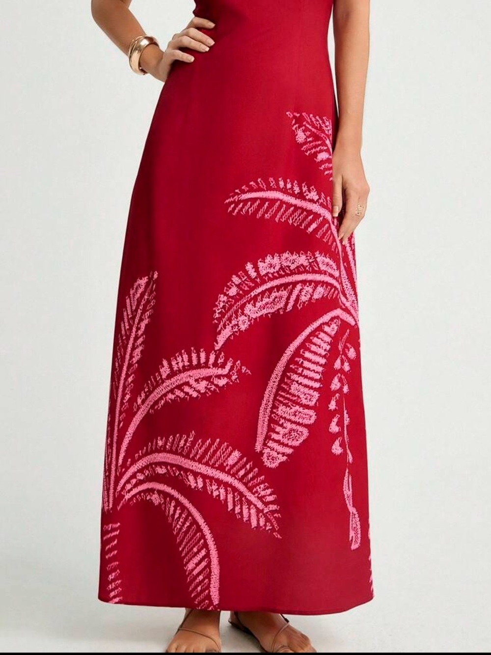 Red Sleeveless Maxi Dress with Pink Palm Print - Picture 6 of 9